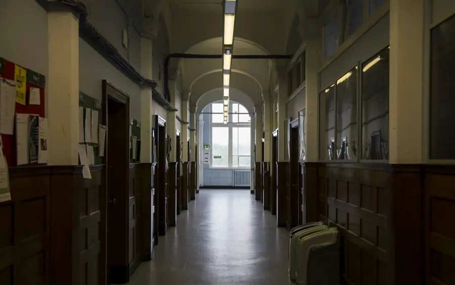 A long corridor in an English school building